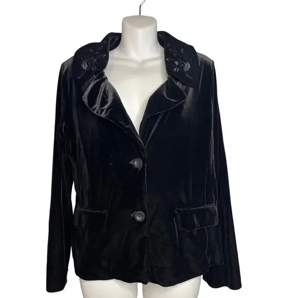 White Stag Black Velvet Embroidered Floral Collar Front Button Blazer Women's Sm - Picture 1 of 7